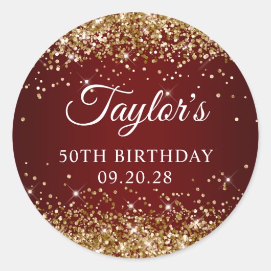Gold Glitter Dark Red 50th Birthday Ronde Sticker (Voorkant)