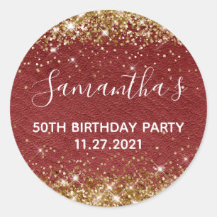 Gold Glitter Dark Red Leather 50e verjaardag Ronde Sticker