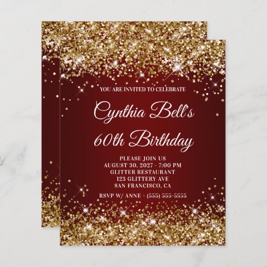 Gold Glitter Dark Red Ombre 60th Birthday Invite (Voorkant / Achterkant)