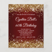 Gold Glitter Dark Red Ombre 60th Birthday Invite (Voorkant)