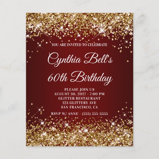 Gold Glitter Dark Red Ombre 60th Birthday Invite (Voorkant)