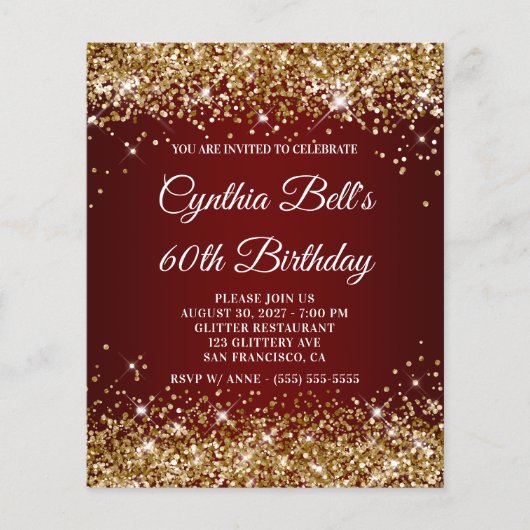 Gold Glitter Dark Red Ombre 60th Birthday Invite Flyer (Voorkant)