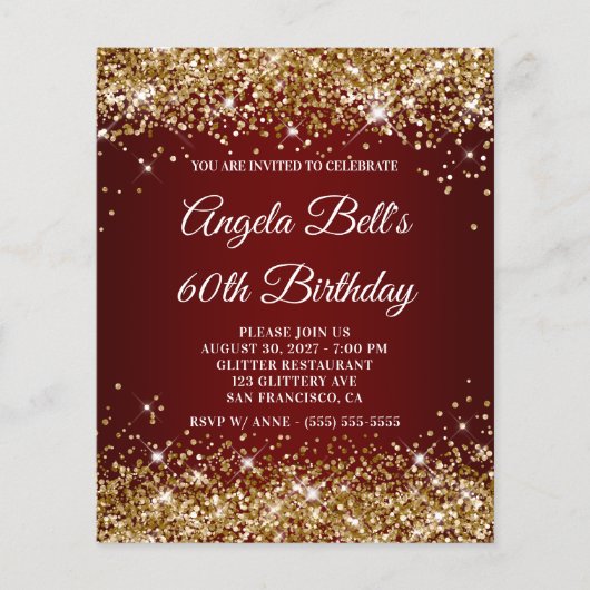 Gold Glitter Dark Red Ombre 60th Birthday Invite Flyer (Voorkant)