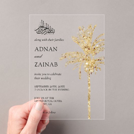Gold Glitter Date Palm Muslim Wedding Acryl Uitnodigingen (Insitu (Draagbaar))