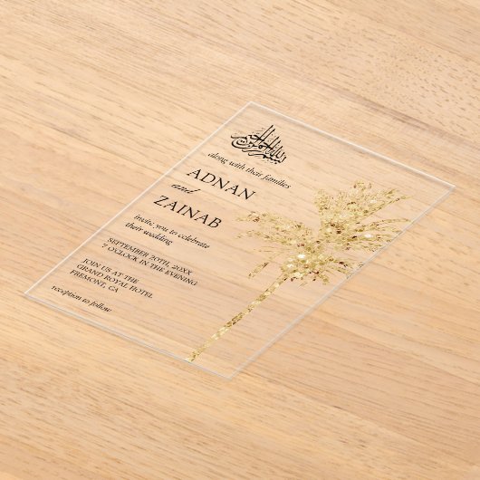 Gold Glitter Date Palm Muslim Wedding Acryl Uitnodigingen (Laagn)