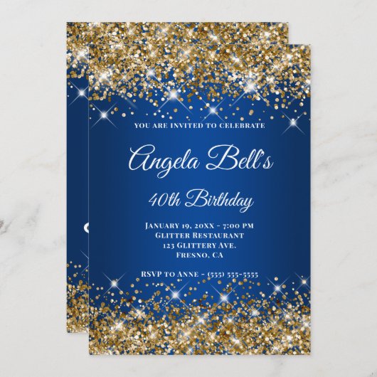 Gold Glitter Deep Blue Ombre Fancy Monogram Kaart (Voorkant / Achterkant)