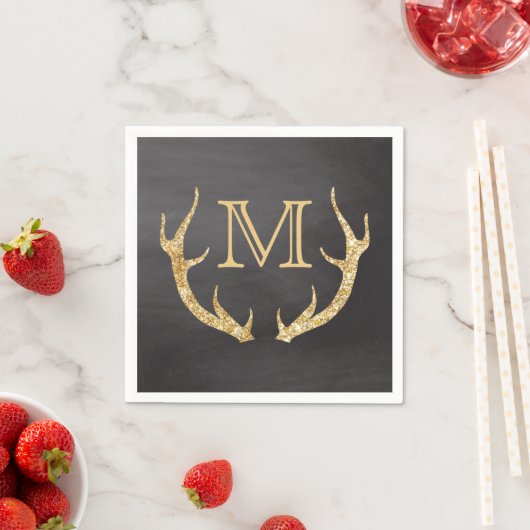 Gold Glitter Deer Antlers Krijtbord Monogram Servet (Insitu)