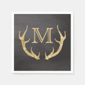 Gold Glitter Deer Antlers Krijtbord Monogram Servet (Voorkant)