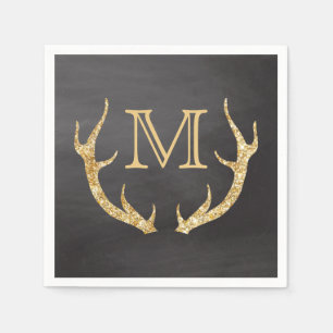 Gold Glitter Deer Antlers Krijtbord Monogram Servet