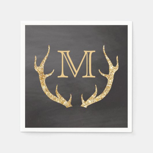 Gold Glitter Deer Antlers Krijtbord Monogram Servet (Voorkant)