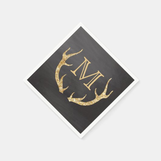 Gold Glitter Deer Antlers Krijtbord Monogram Servet (Hoek)