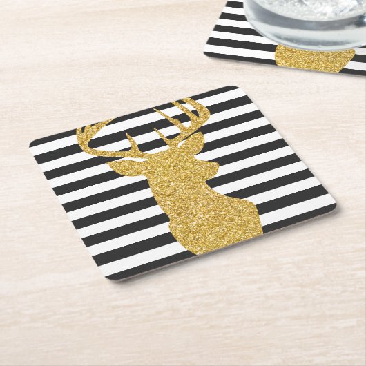 Gold Glitter Deer Black & White Stripes Kartonnen Onderzetters (Schuin)