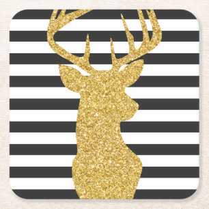 Gold Glitter Deer Black & White Stripes Kartonnen Onderzetters