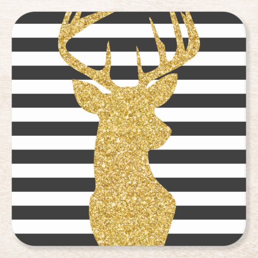 Gold Glitter Deer Black & White Stripes Kartonnen Onderzetters (Voorkant)