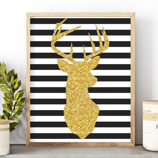 Gold Glitter Deer Black & White Stripes Poster