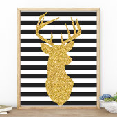 Gold Glitter Deer Black & White Stripes Poster