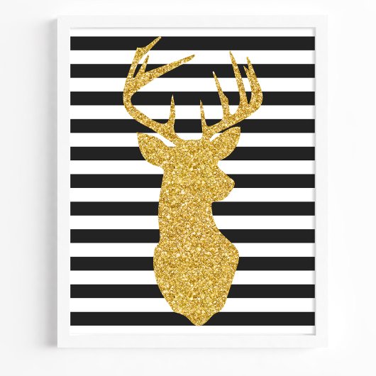Gold Glitter Deer Black & White Stripes Poster