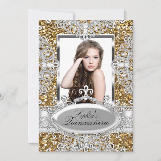 Gold Glitter Diamond Glamor Quinceanera Invite Kaart (Voorkant)