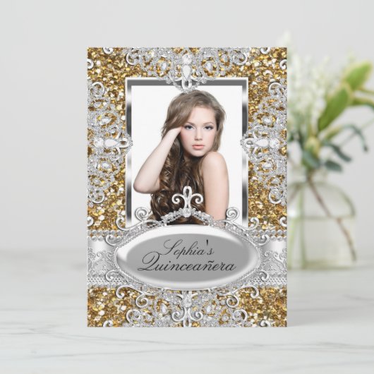 Gold Glitter Diamond Glamor Quinceanera Invite Kaart (Staand voorkant)