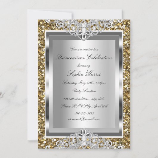 Gold Glitter Diamond Glamor Quinceanera Invite Kaart (Achterkant)