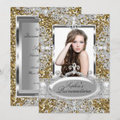 Gold Glitter Diamond Glamor Quinceanera Invite Kaart (Voorkant / Achterkant)