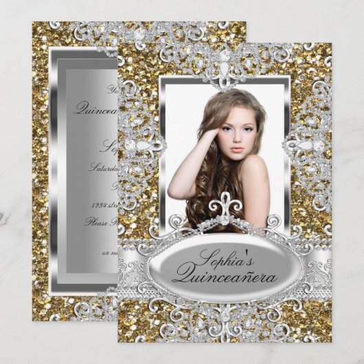 Gold Glitter Diamond Glamor Quinceanera Invite Kaart (Voorkant / Achterkant)
