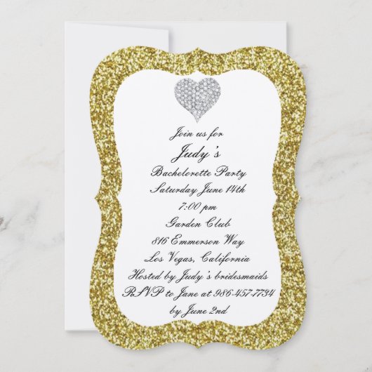 Gold Glitter Diamond Heart Bachelorette Party Kaart (Voorkant)