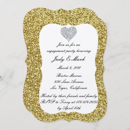 Gold Glitter Diamond Heart Engagement Party nodigt Kaart (Voorkant / Achterkant)