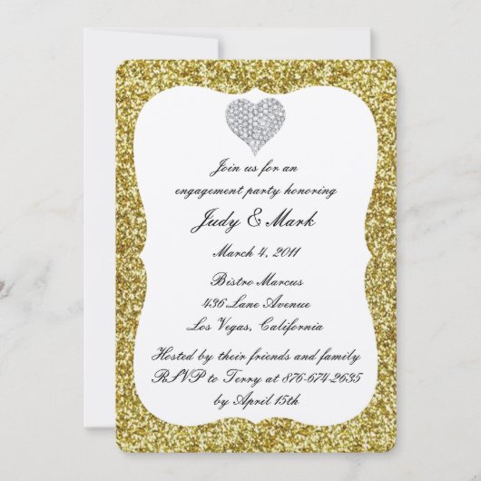 Gold Glitter Diamond Heart Engagement Party nodigt Kaart (Voorkant)