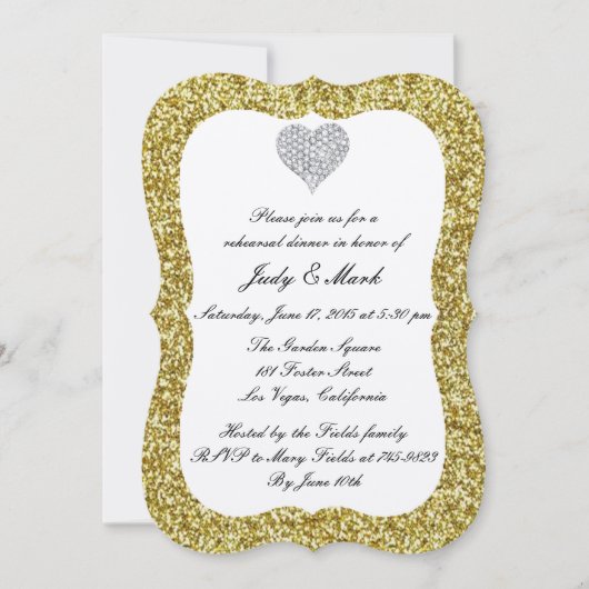 Gold Glitter Diamond Heart Rehearsal Dinner Invite Kaart (Voorkant)