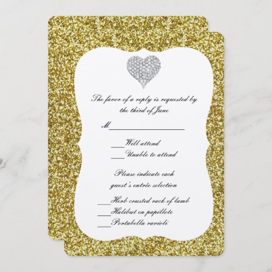 Gold Glitter Diamond Heart Response Kaart (Voorkant / Achterkant)