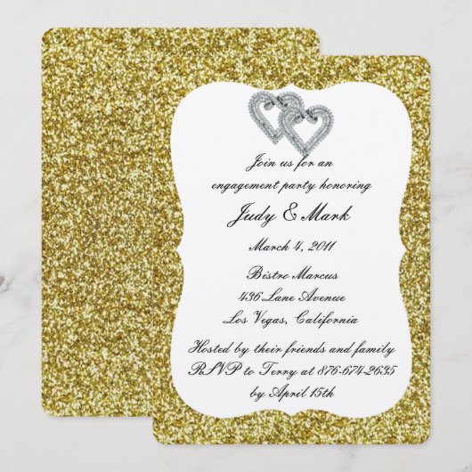 Gold Glitter Diamond Hearts Engagement Party Kaart (Voorkant / Achterkant)