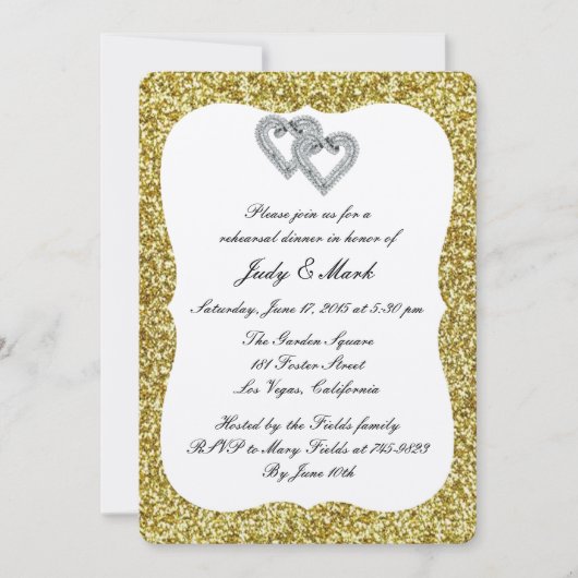 Gold Glitter Diamond Hearts Rehearsal Dinner Kaart (Voorkant)