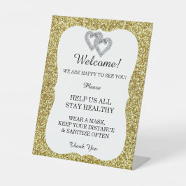 Gold Glitter Diamond Hearts Wedding Safety Reclamebord Met Voetstuk