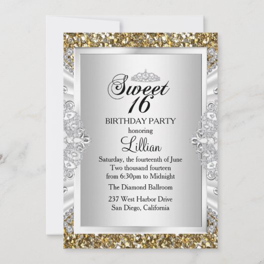 Gold Glitter Diamond Tiara Sweet 16 Invite Kaart (Achterkant)