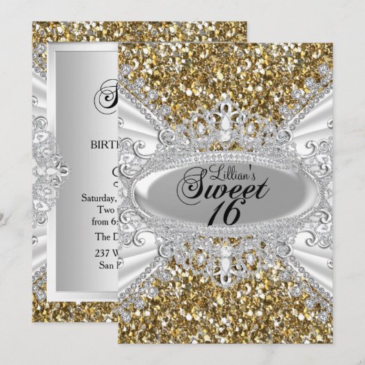 Gold Glitter Diamond Tiara Sweet 16 Invite Kaart (Voorkant / Achterkant)
