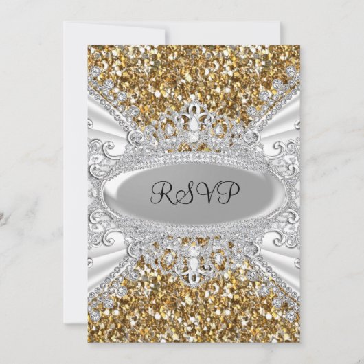 Gold Glitter & Diamond Tiara Sweet 16 RSVP Kaart (Voorkant)