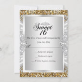 Gold Glitter & Diamond Tiara Sweet 16 RSVP Kaart (Achterkant)