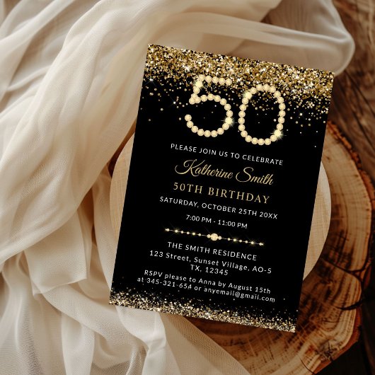 Gold Glitter Diamonds 50th Birthday Invitation Kaart