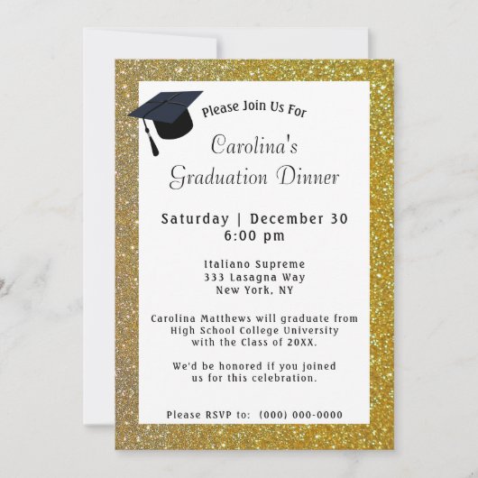 Gold Glitter Dinner White Afstuderen Kaart (Voorkant)