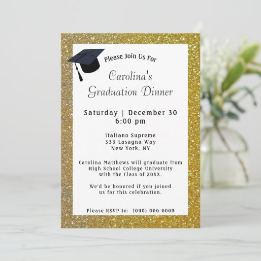 Gold Glitter Dinner White Afstuderen Kaart (Staand voorkant)