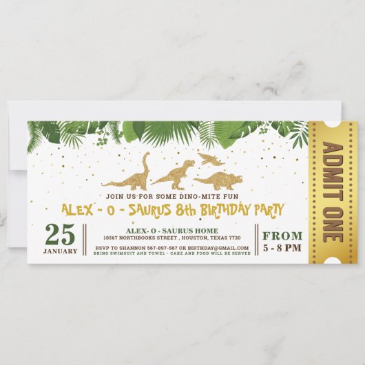 Gold Glitter Dinosaur Forest Ticket Pass Kaart (Voorkant)