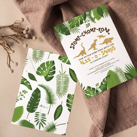 Gold Glitter Dinosaur Tropical Forest Birthday Kaart