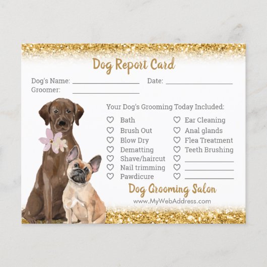 Gold Glitter Dog Grooming Report Kaart Flyer (Voorkant)