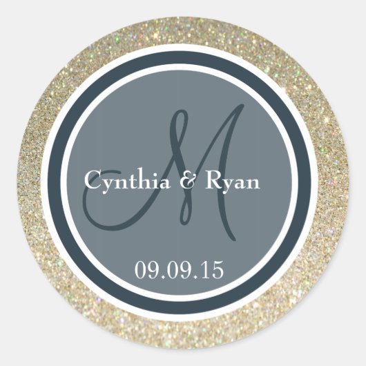 Gold Glitter & Donkerblauwe bruiloft Monogram Ronde Sticker (Voorkant)