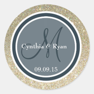 Gold Glitter & Donkerblauwe bruiloft Monogram Ronde Sticker