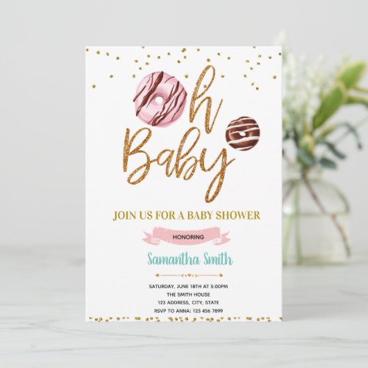 Gold glitter donut baby shower-uitnodiging kaart (Staand voorkant)