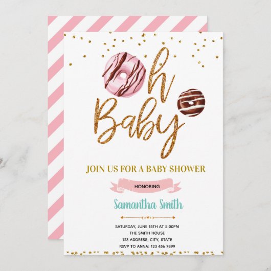 Gold glitter donut baby shower-uitnodiging kaart (Voorkant / Achterkant)