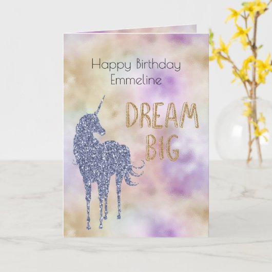 Gold Glitter Dream Big Unicorn - Aangepast Kaart (Gele Bloem)