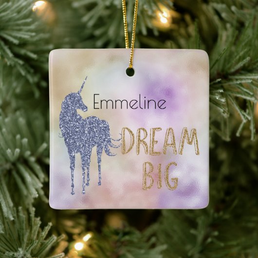 Gold Glitter Dream Big Unicorn Gepersonaliseerde n Keramisch Ornament (Boom)